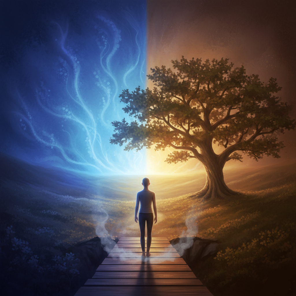 A person, standing on a wooden walkway, facing away from the viewer. 
                             The background is in two halves: The left hand side is a 
                             fantastical nigth sky with wavy strands of light eminating from 
                             the bottom center; whilst the right hand side is a 
                             landscape bathed in warm sunlight with tree dominating the view.